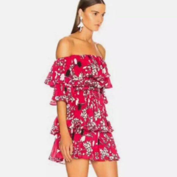 Self-Portrait Tiered Off The Shoulder Mini Dress Red Floral Size 0 - Picture 2 of 9